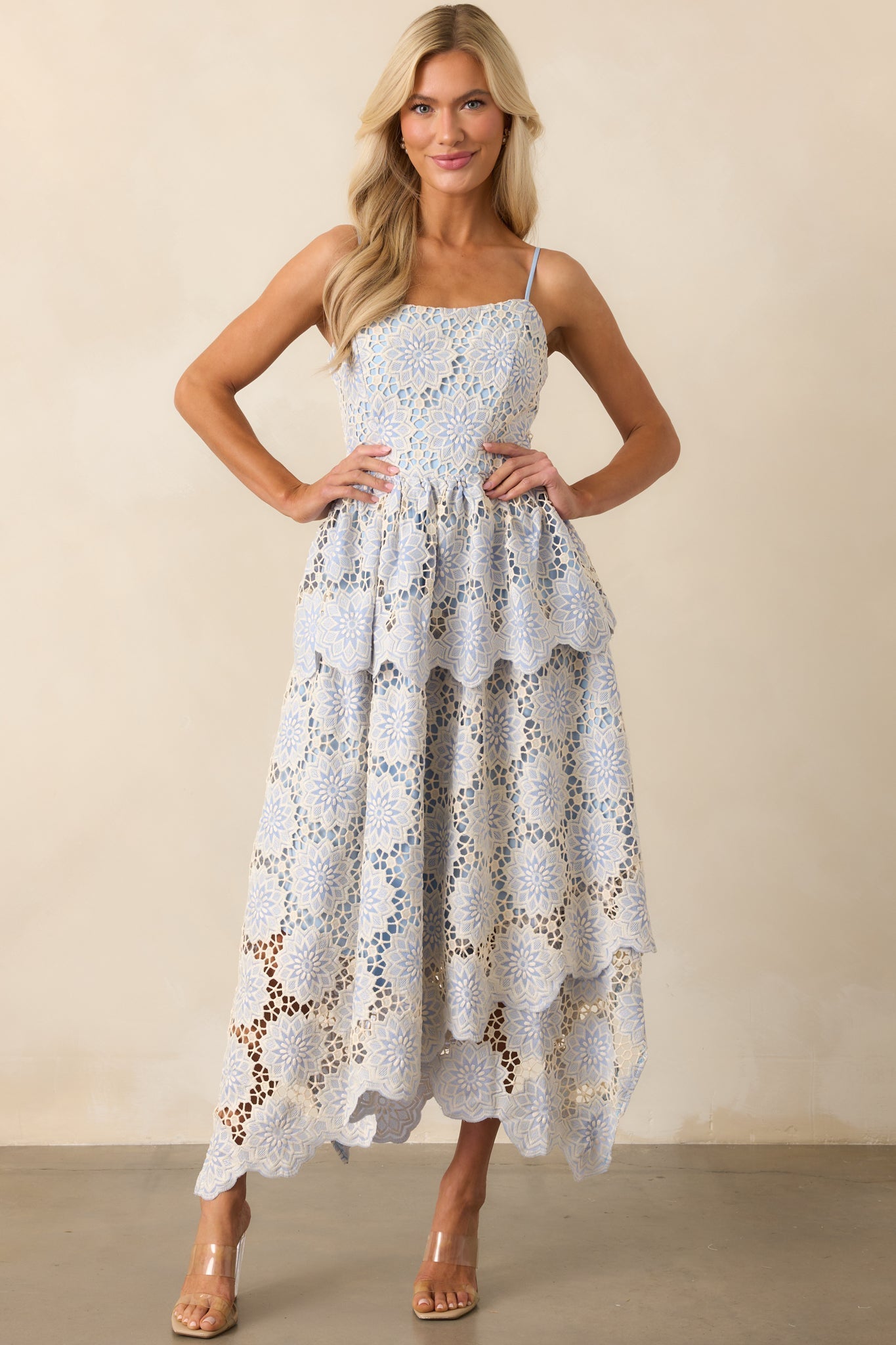 Within Myself Sky Blue Embroidered Eyelet Asymmetric Maxi Dress