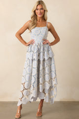 Within Myself Sky Blue Embroidered Eyelet Asymmetric Maxi Dress