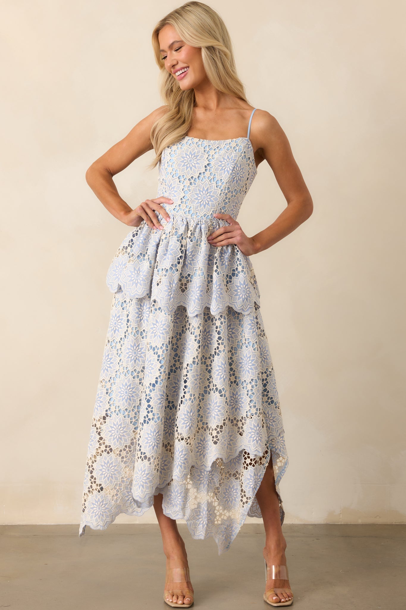Within Myself Sky Blue Embroidered Eyelet Asymmetric Maxi Dress