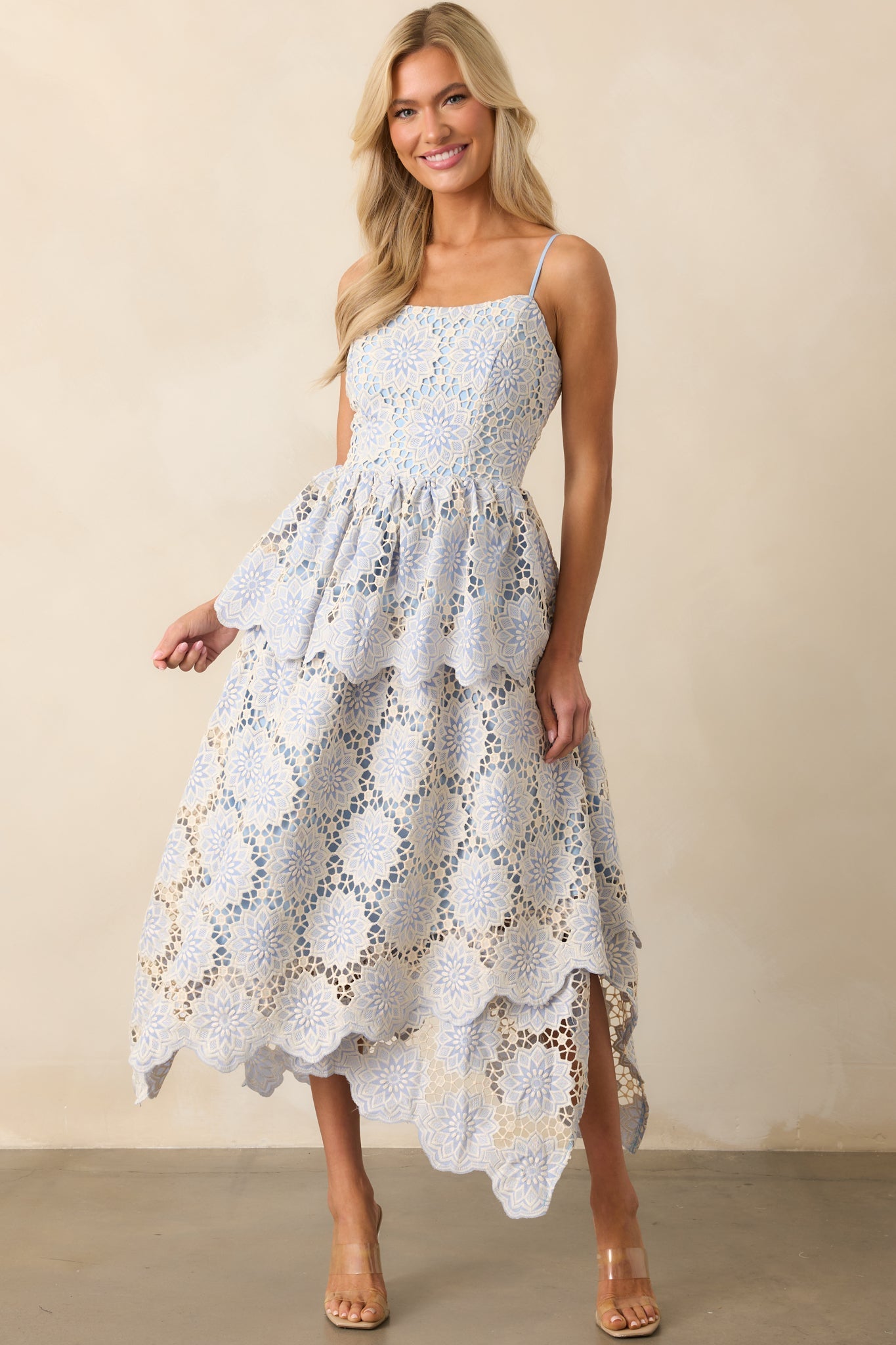 Within Myself Sky Blue Embroidered Eyelet Asymmetric Maxi Dress