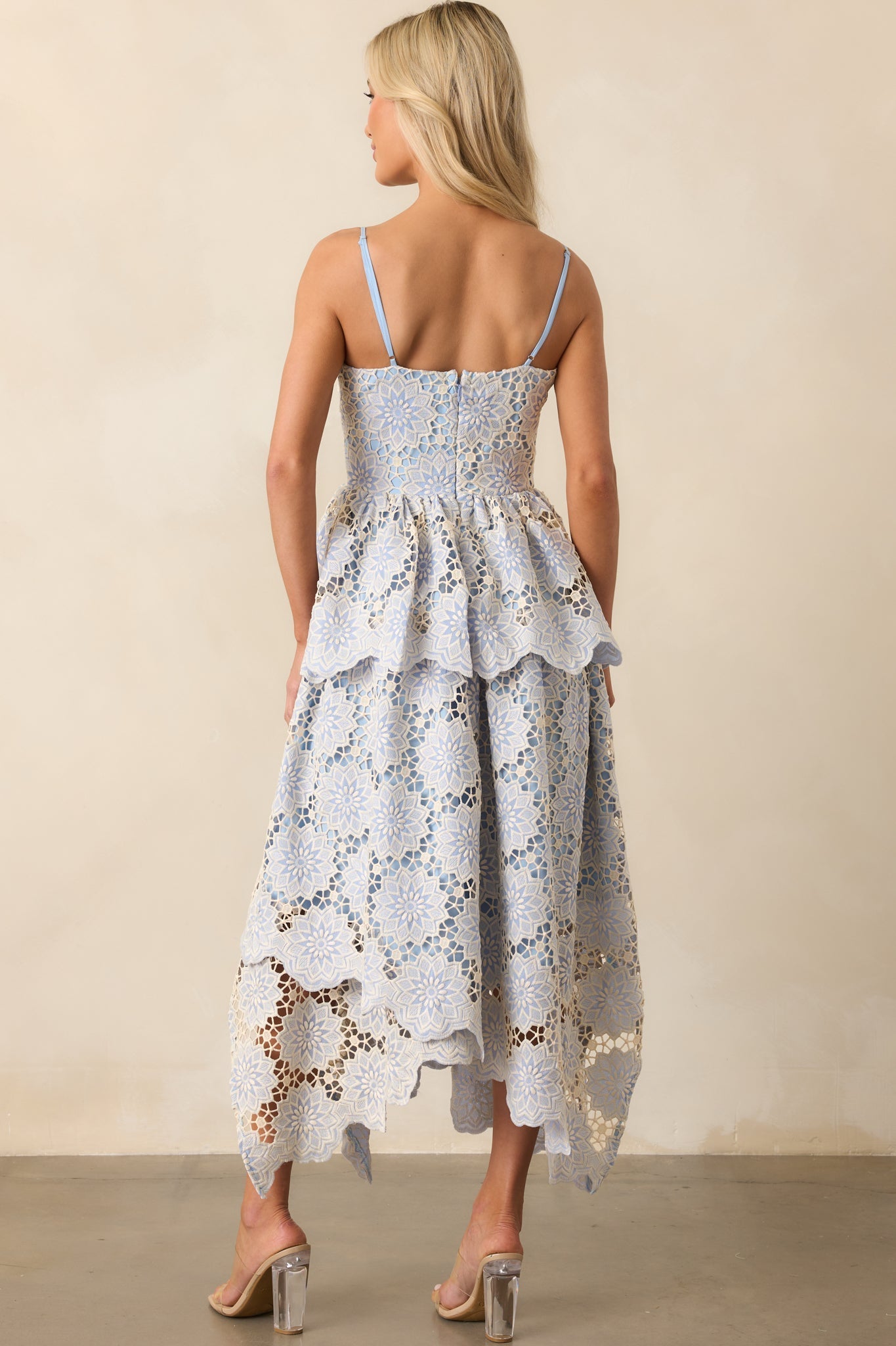 Within Myself Sky Blue Embroidered Eyelet Asymmetric Maxi Dress
