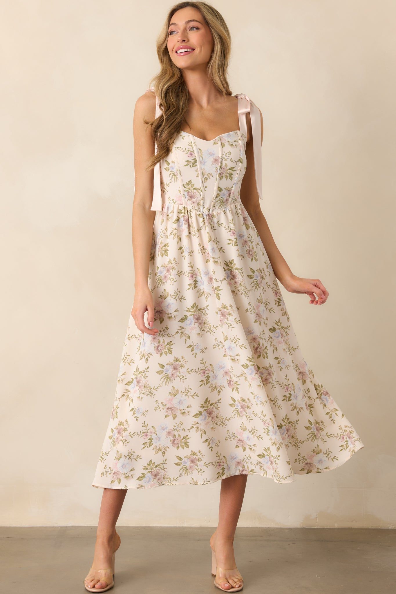 Let The Good In Light Pink Floral Chiffon Corset Maxi Dress