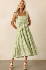 Stay A Little Longer Olive Green Tropical Print Tiered Midi Dress
