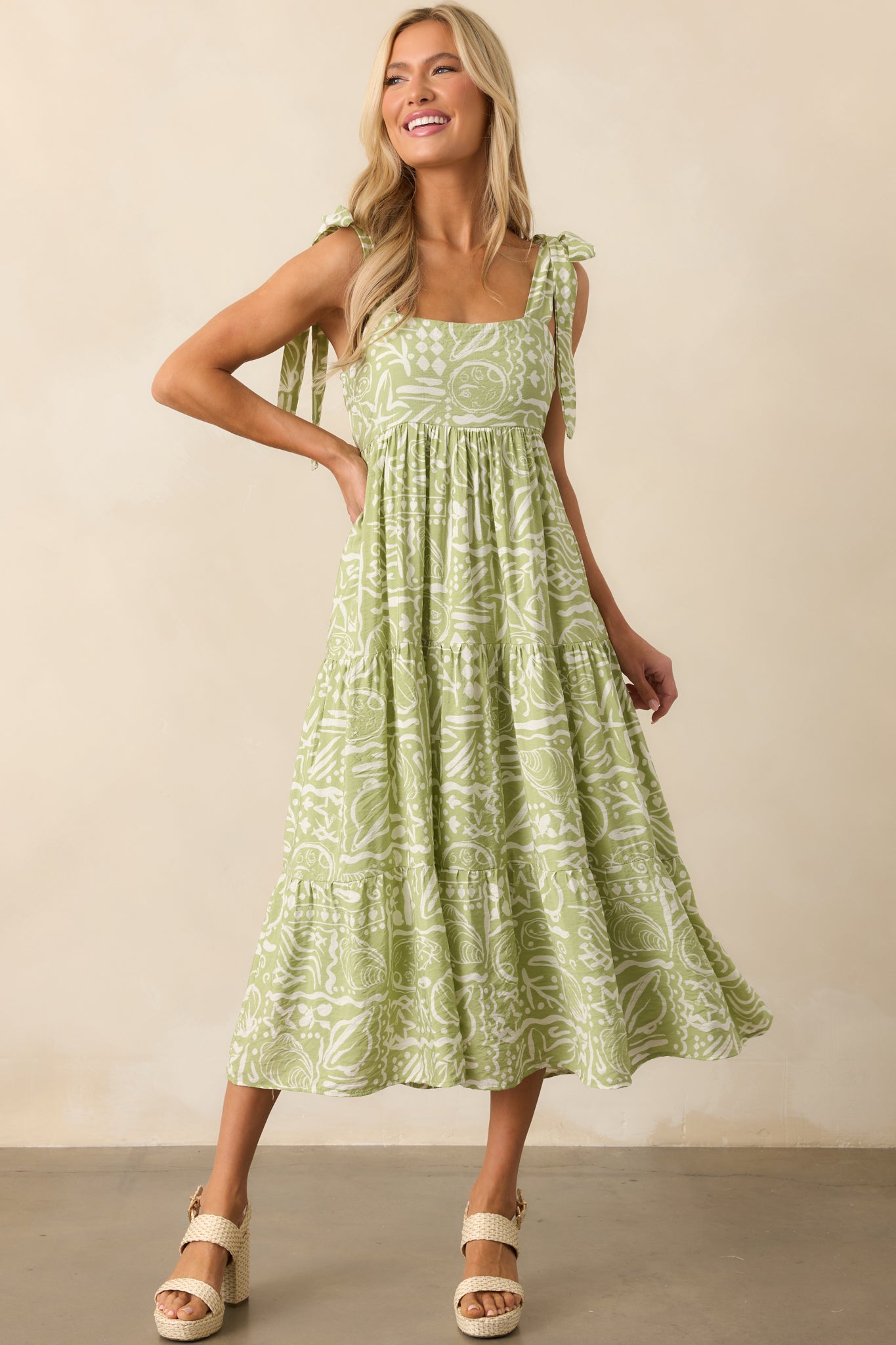 Stay A Little Longer Olive Green Tropical Print Tiered Midi Dress