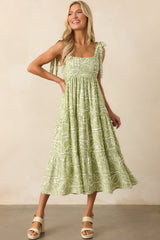 Stay A Little Longer Olive Green Tropical Print Tiered Midi Dress