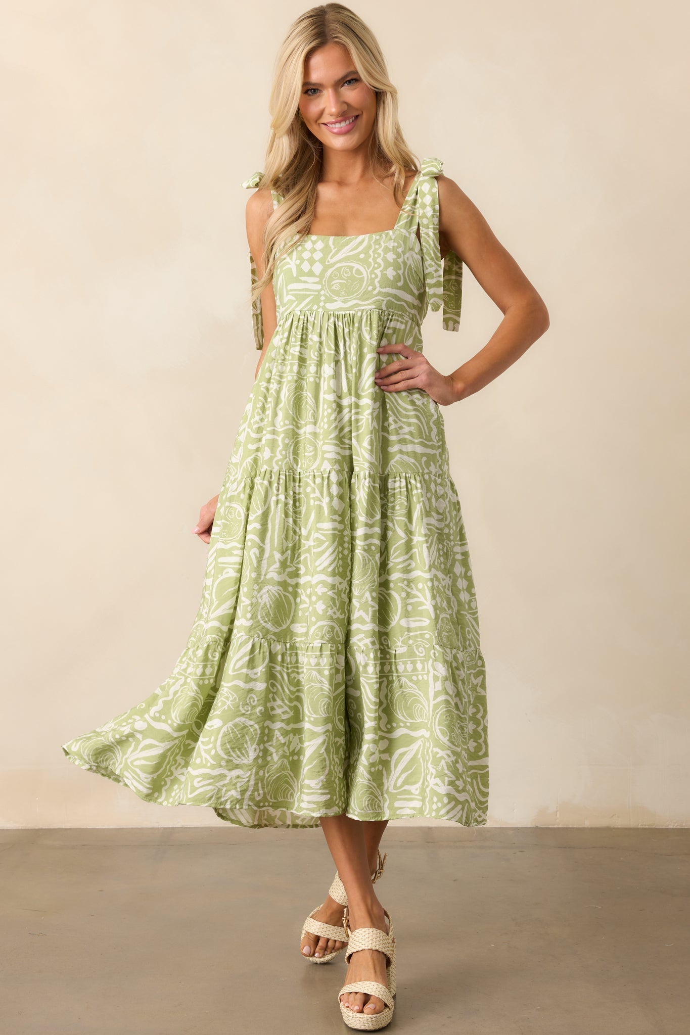 Stay A Little Longer Olive Green Tropical Print Tiered Midi Dress