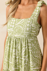 Stay A Little Longer Olive Green Tropical Print Tiered Midi Dress