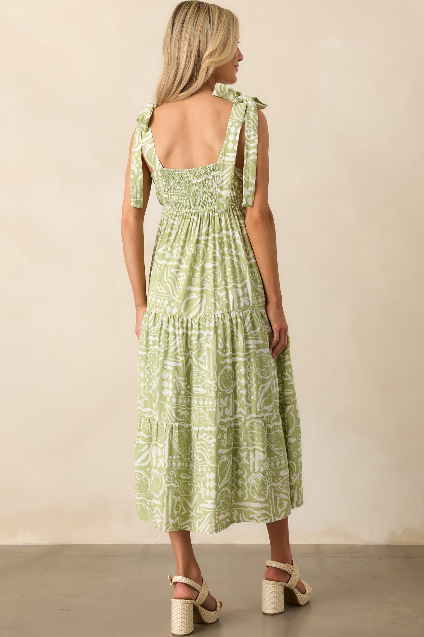 Stay A Little Longer Olive Green Tropical Print Tiered Midi Dress