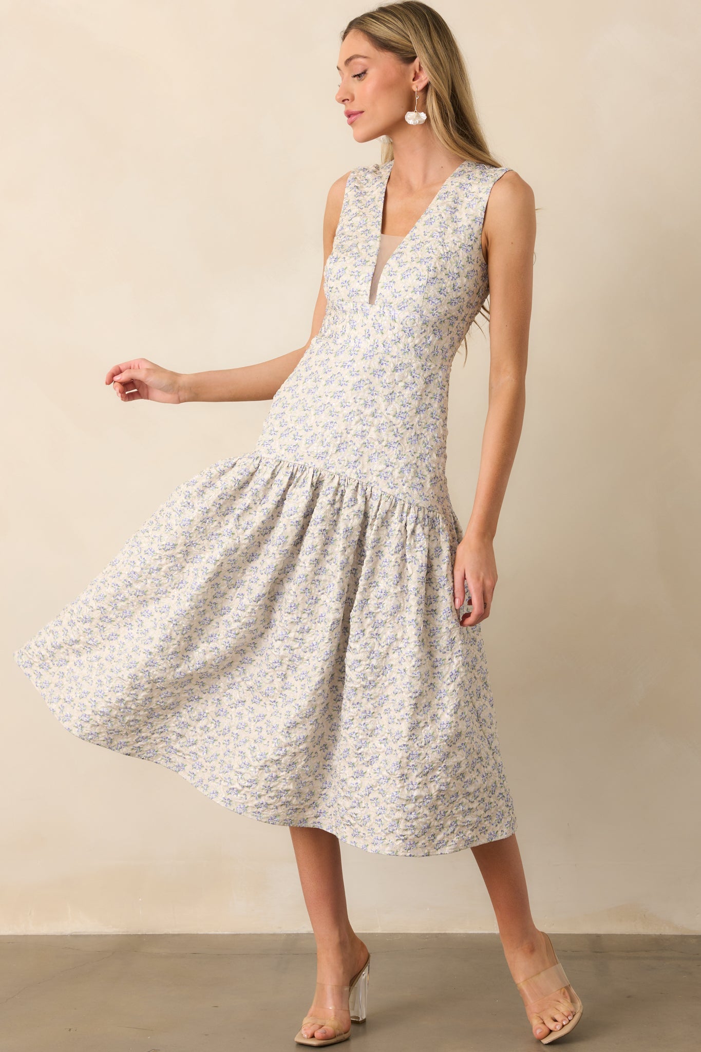 The Unexpected Periwinkle Floral Jacquard Midi Dress