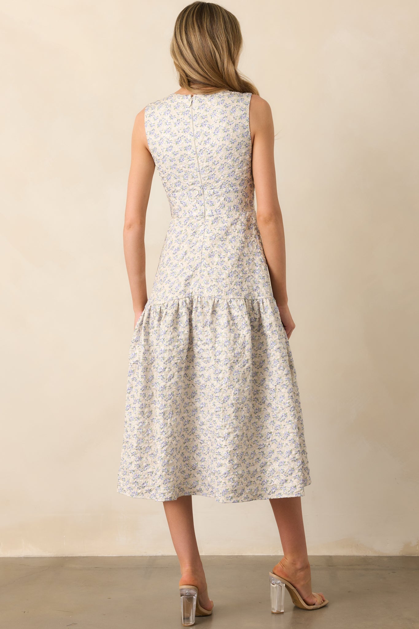 The Unexpected Periwinkle Floral Jacquard Midi Dress
