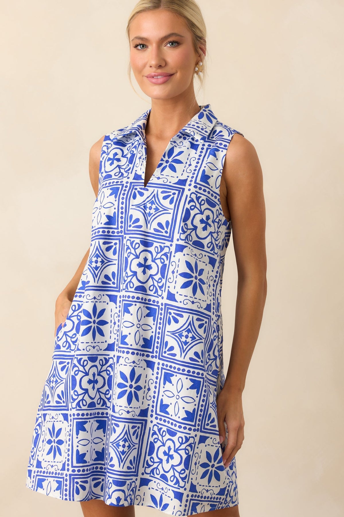 Everyday Ease Blue Sicilian Tile Print Cotton Mini Dress