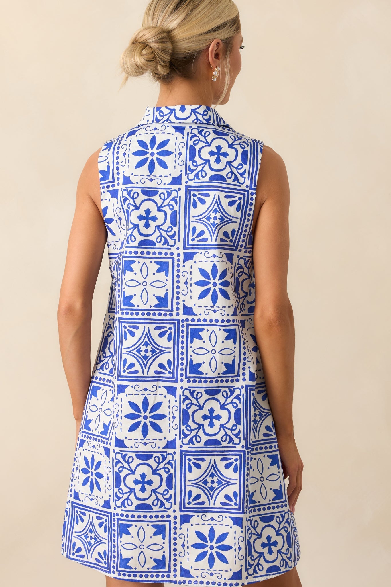 Everyday Ease Blue Sicilian Tile Print Cotton Mini Dress