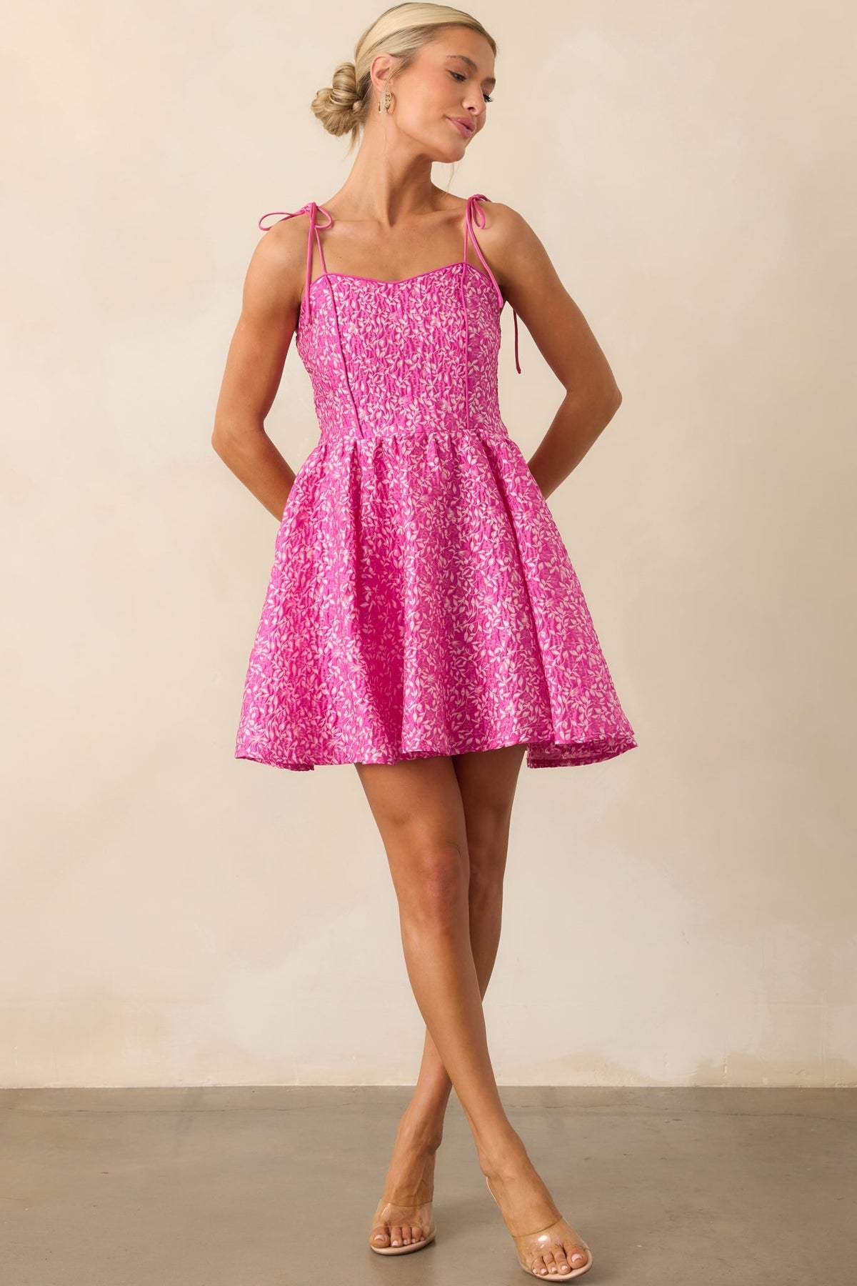 Steal The Scene Fuchsia Pink Floral Jacquard Mini Dress