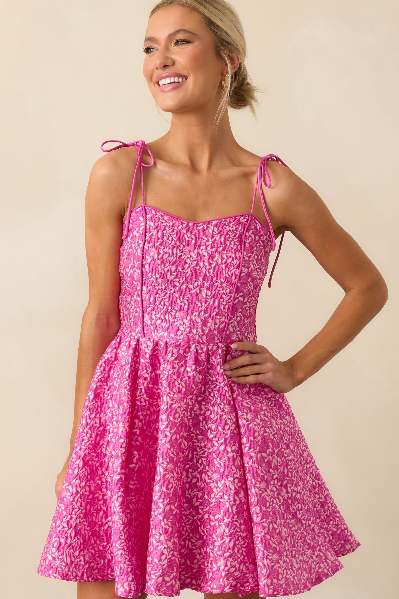 Steal The Scene Fuchsia Pink Floral Jacquard Mini Dress