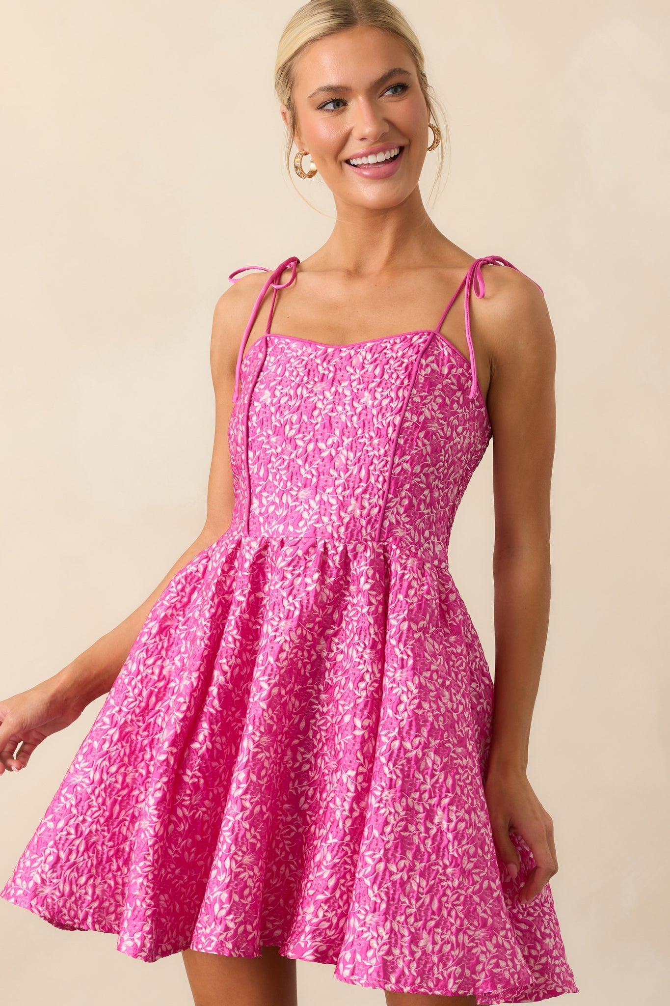 Steal The Scene Fuchsia Pink Floral Jacquard Mini Dress
