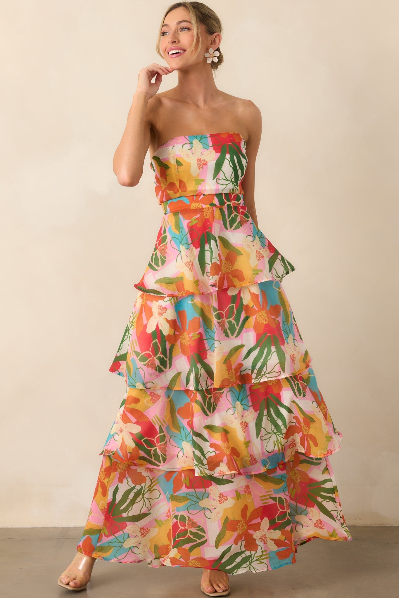 Calista Multi Tropical Print Ruffle Strapless Maxi Dress