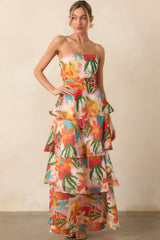 Calista Multi Tropical Print Ruffle Strapless Maxi Dress