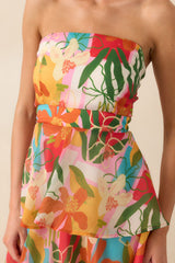 Calista Multi Tropical Print Ruffle Strapless Maxi Dress