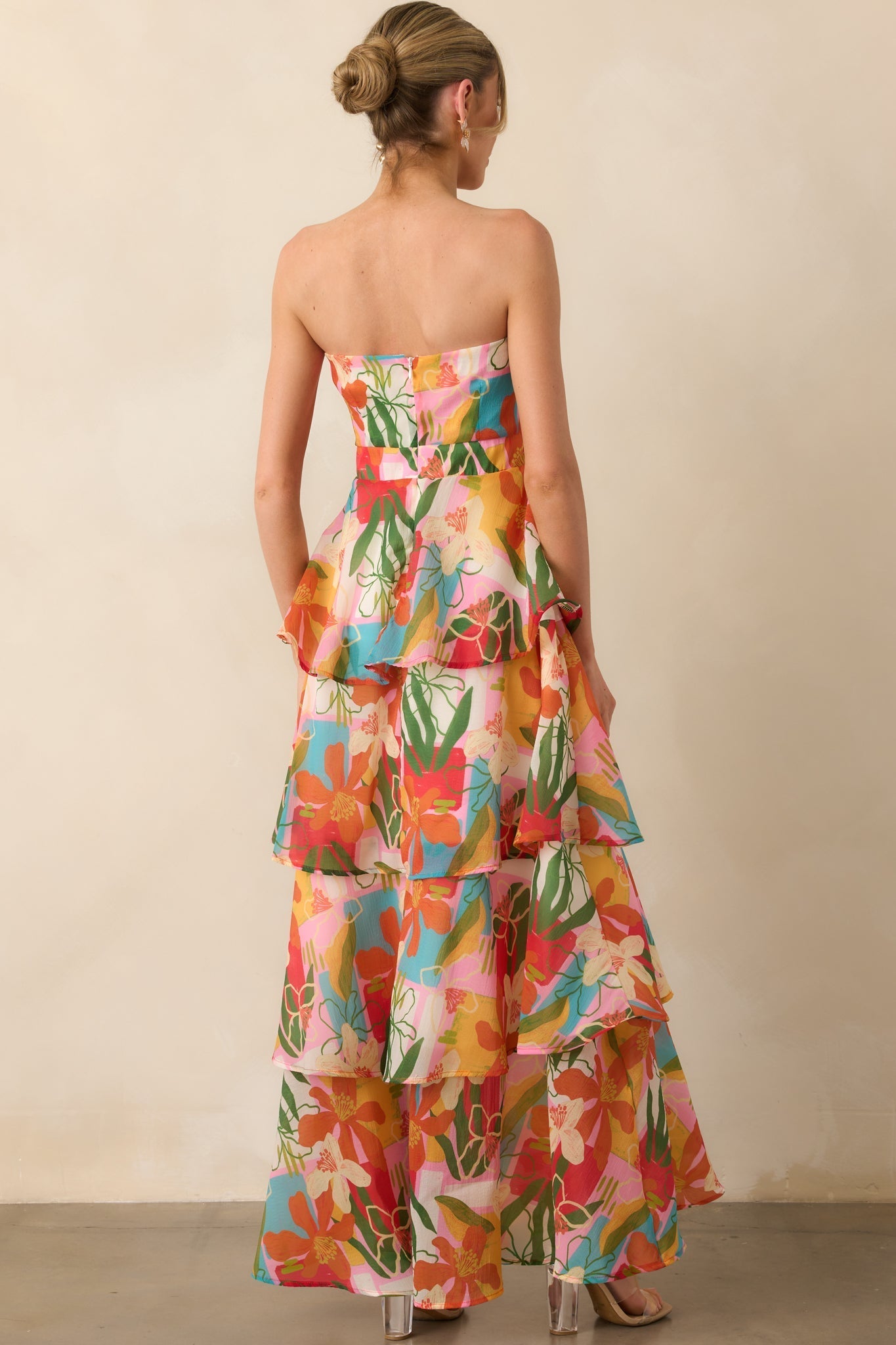 Calista Multi Tropical Print Ruffle Strapless Maxi Dress