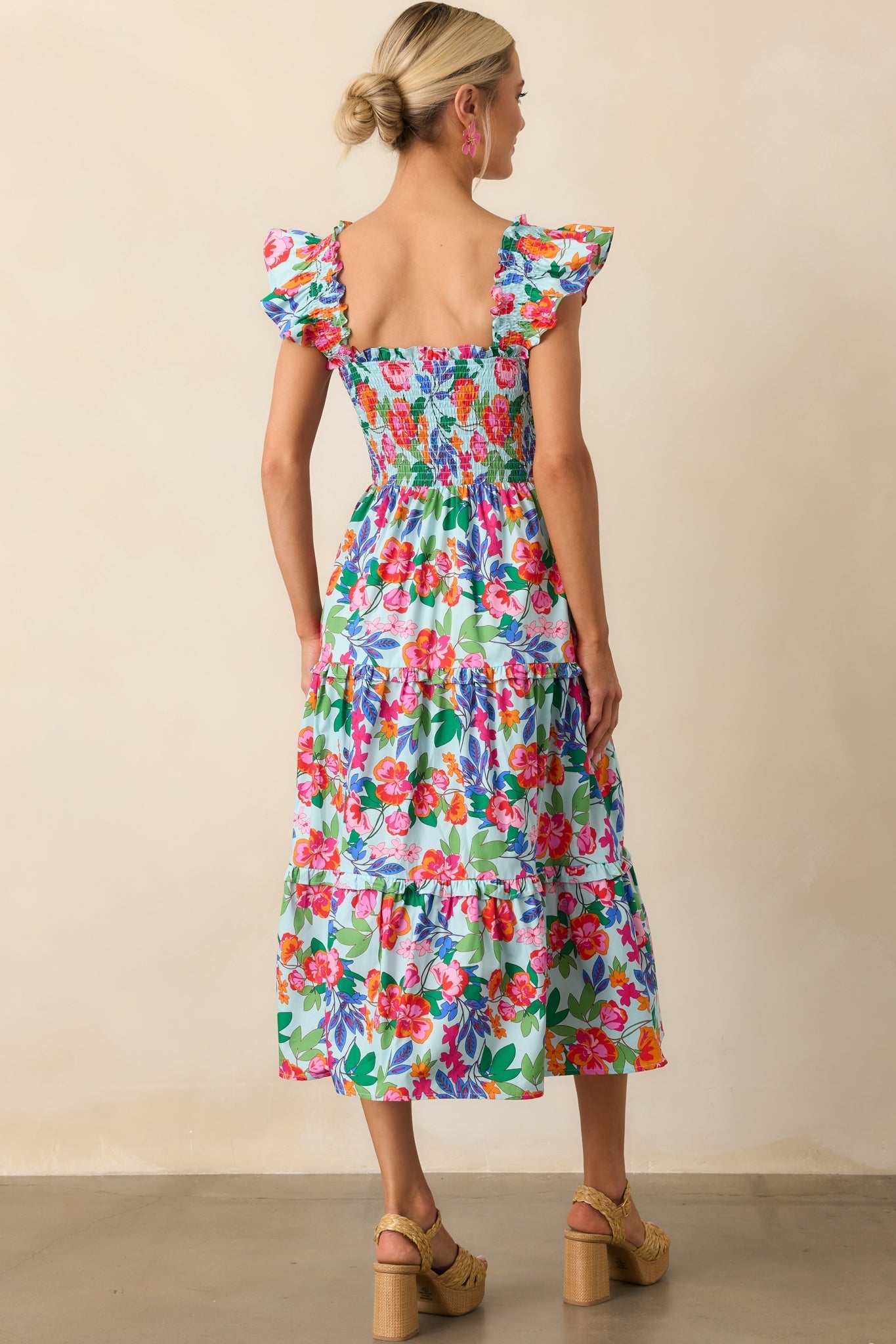 Life In Full Bloom Light Blue Floral Cotton Midi Dress