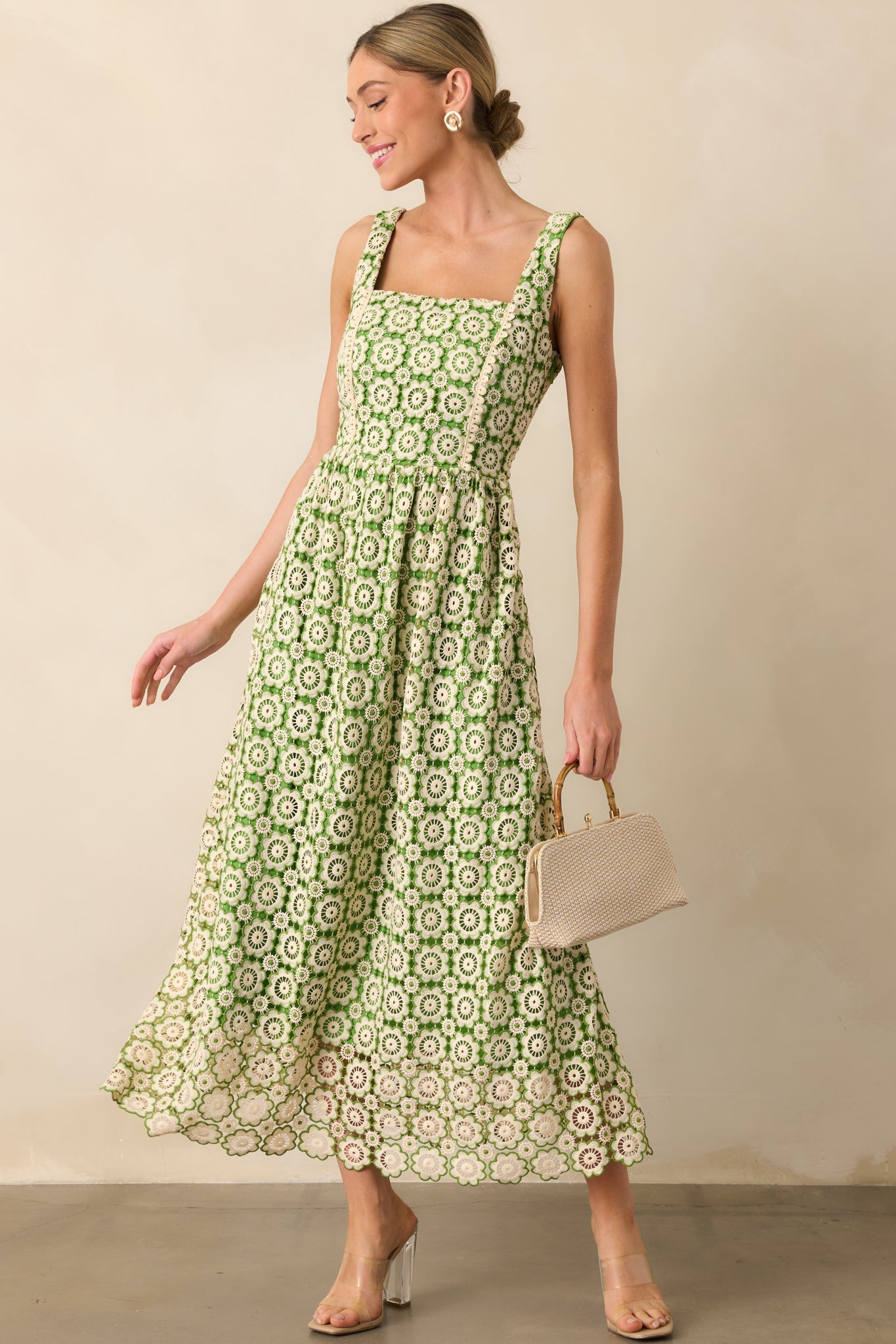 In The Meadow Green Floral Embroidered Midi Dress