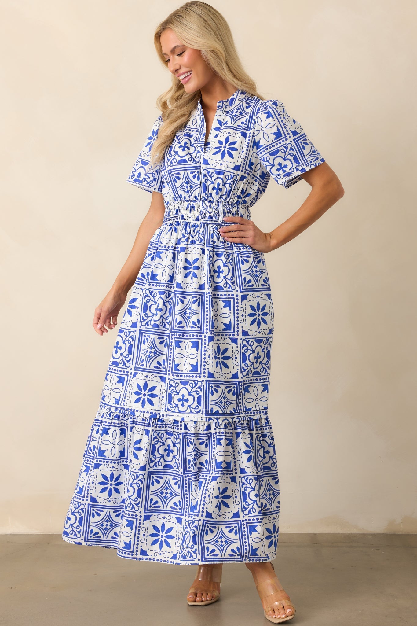 Serene Whispers Blue Sicilian Tile Print Cotton Maxi Dress