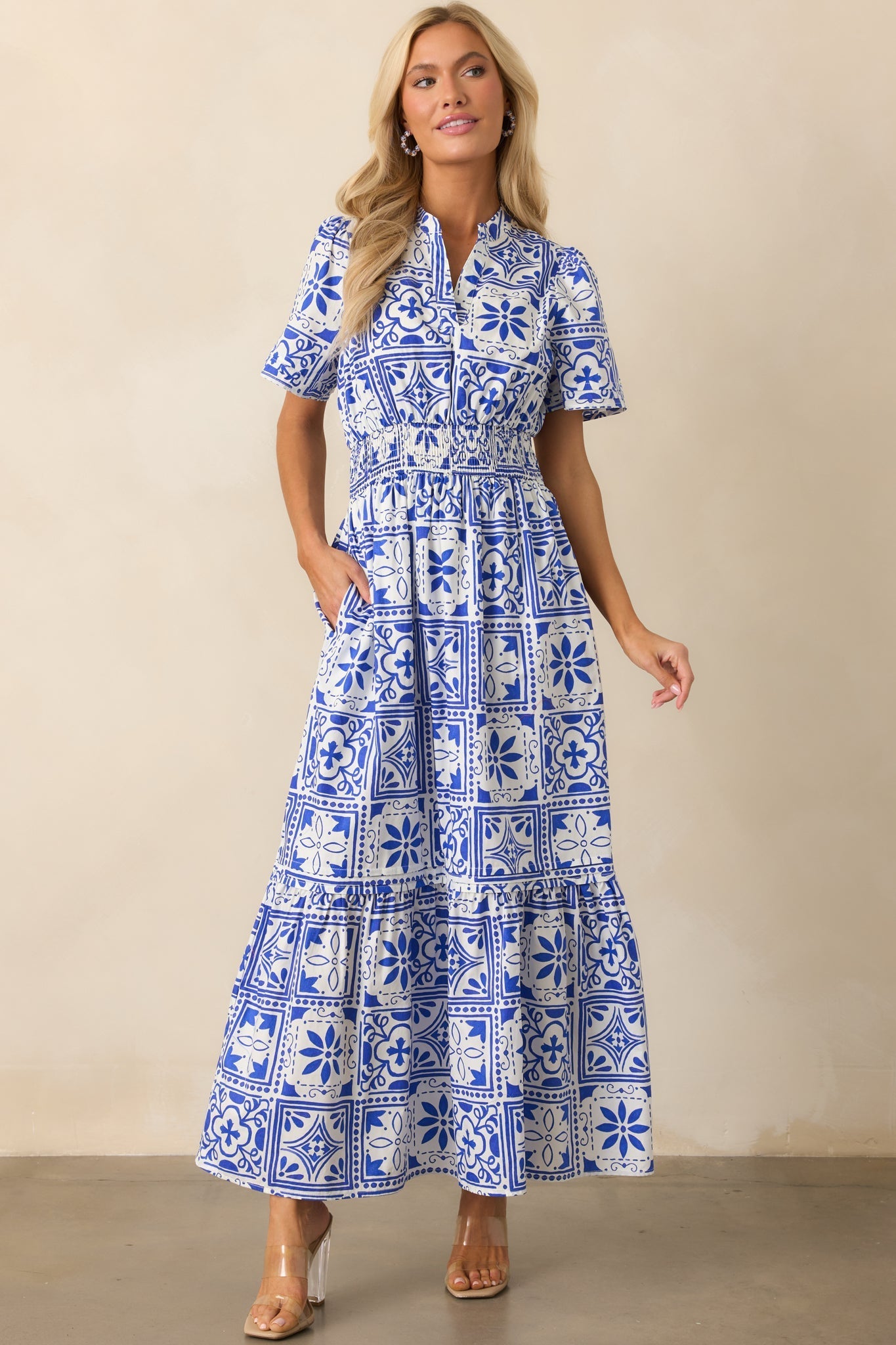Serene Whispers Blue Sicilian Tile Print Cotton Maxi Dress