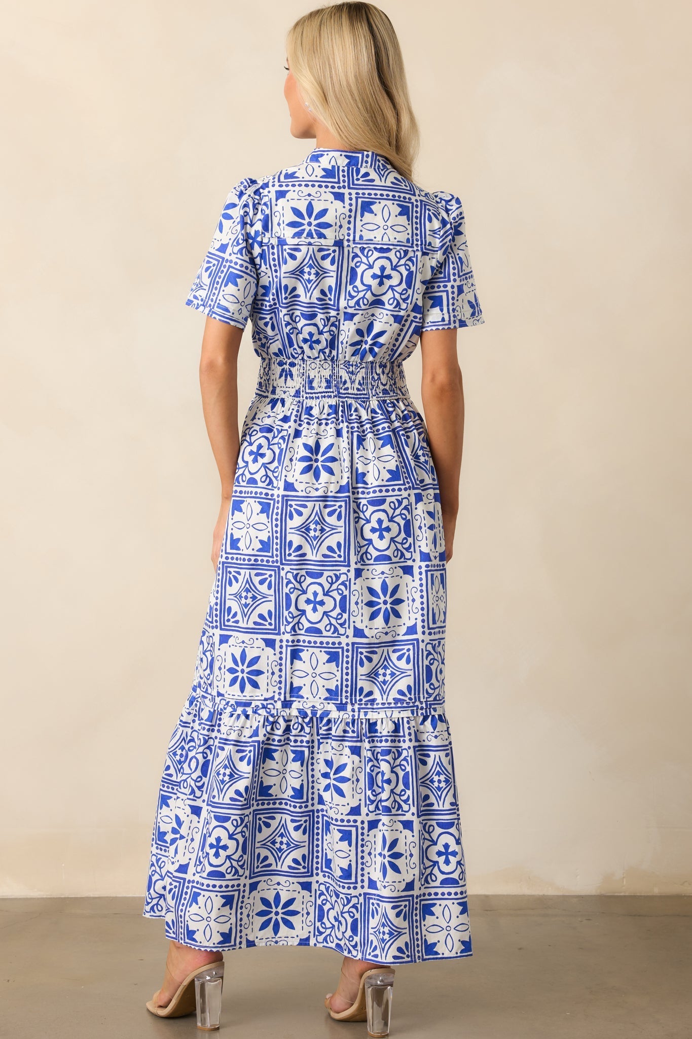 Serene Whispers Blue Sicilian Tile Print Cotton Maxi Dress