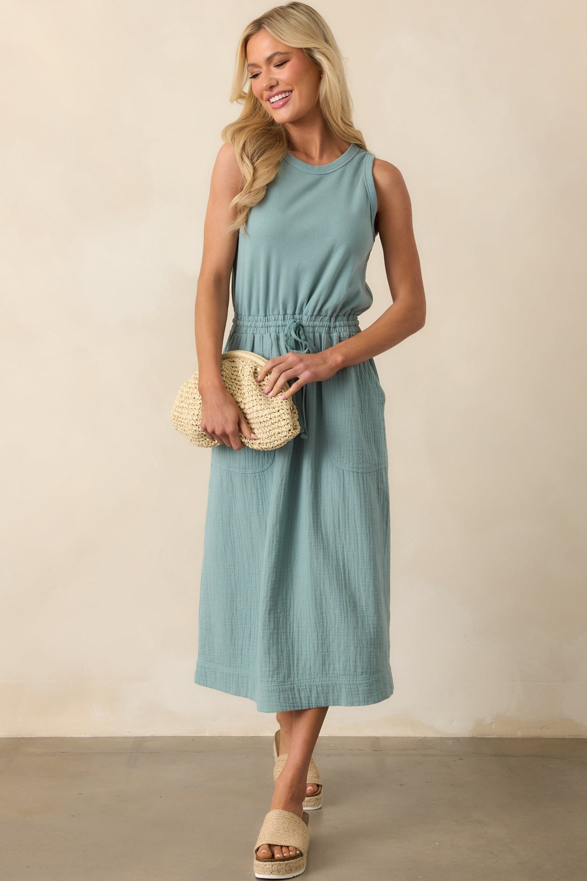 Moving Slowly Sage Cotton Gauze Sleeveless Midi Dress