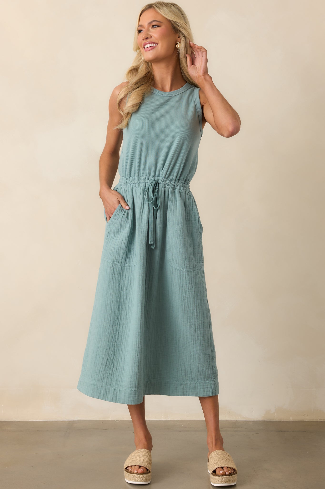 Moving Slowly Sage Cotton Gauze Sleeveless Midi Dress