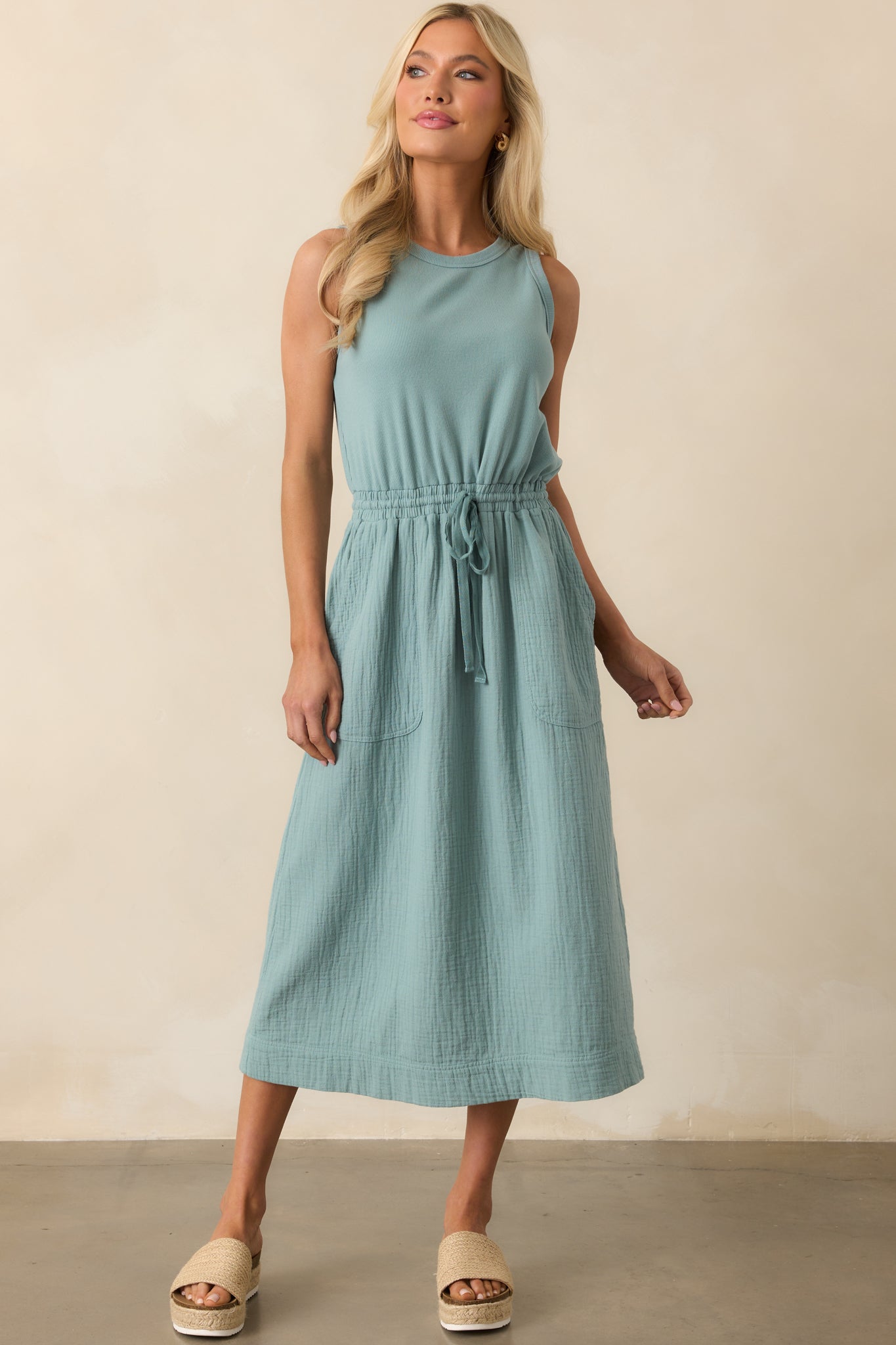Moving Slowly Sage Cotton Gauze Sleeveless Midi Dress