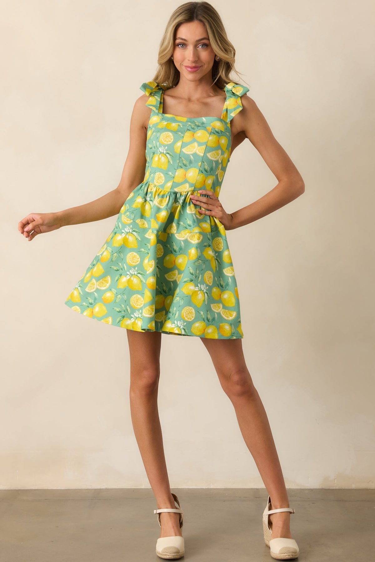 Sounds Like Fun Green Lemon Print Cotton Denim Mini Dress