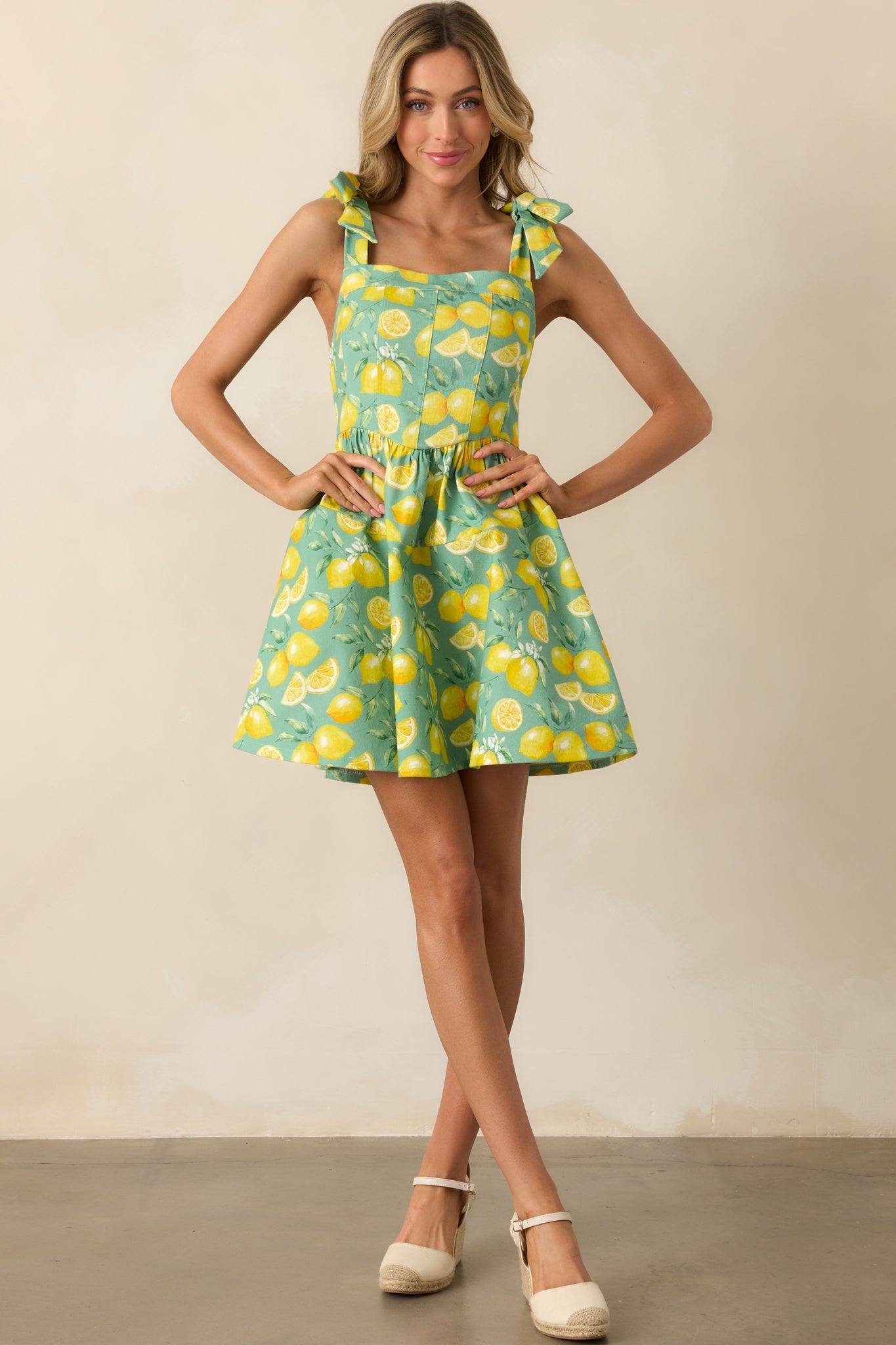 Sounds Like Fun Green Lemon Print Cotton Denim Mini Dress