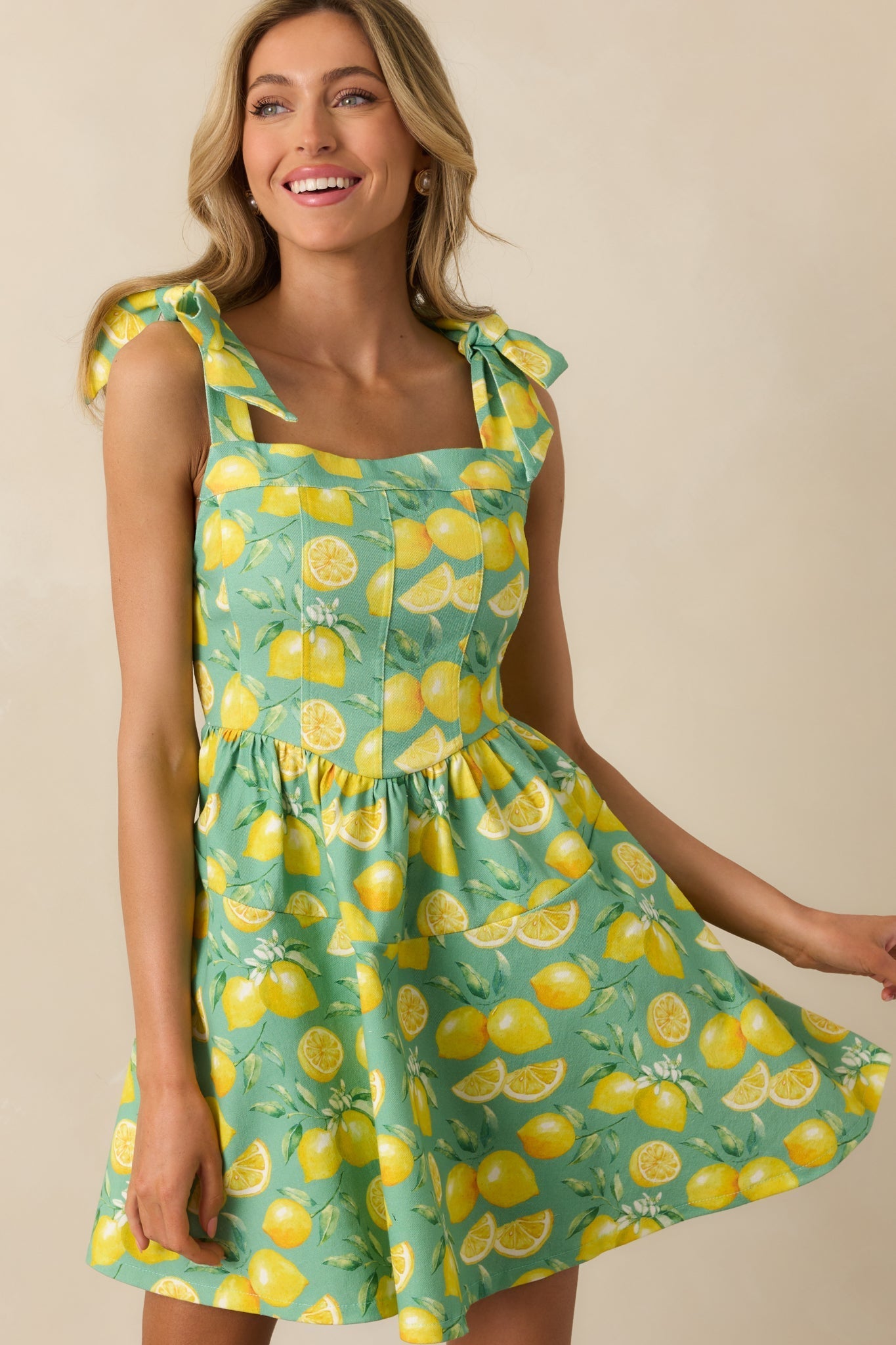 Sounds Like Fun Green Lemon Print Cotton Denim Mini Dress