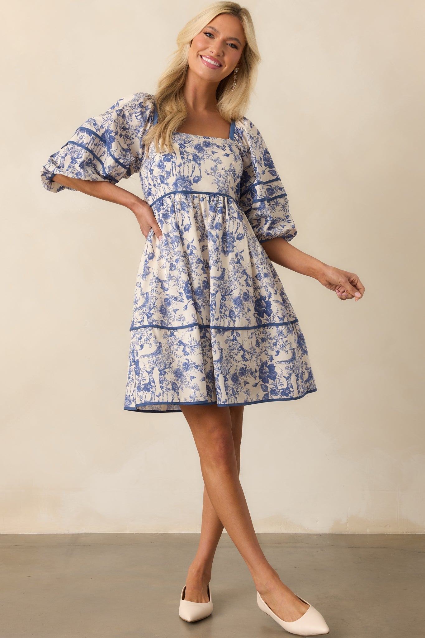 You Know The One Blue Floral Toile Cotton Half Sleeve Mini Dress