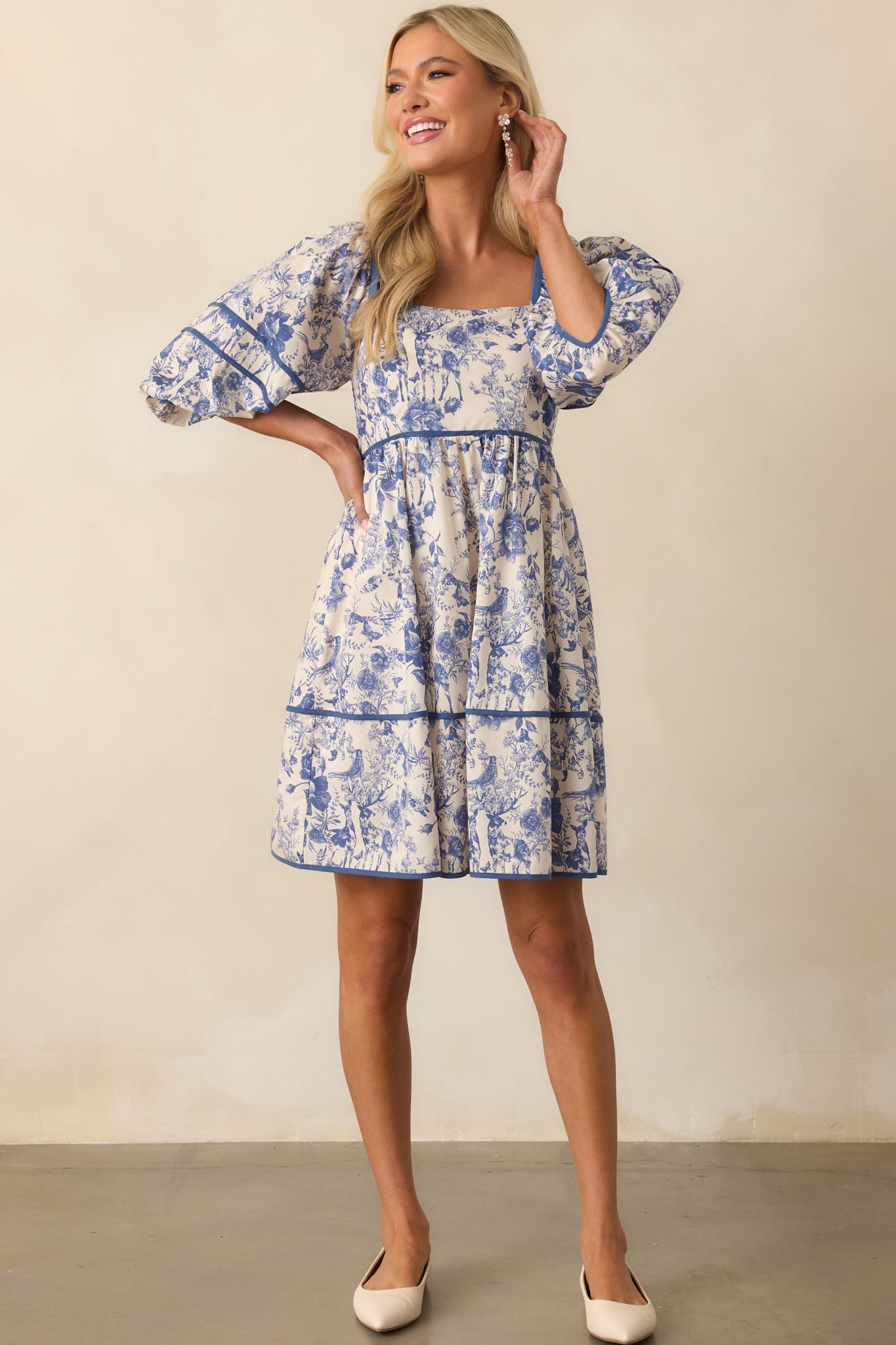 You Know The One Blue Floral Toile Cotton Half Sleeve Mini Dress