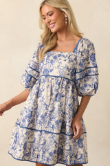 You Know The One Blue Floral Toile Cotton Half Sleeve Mini Dress