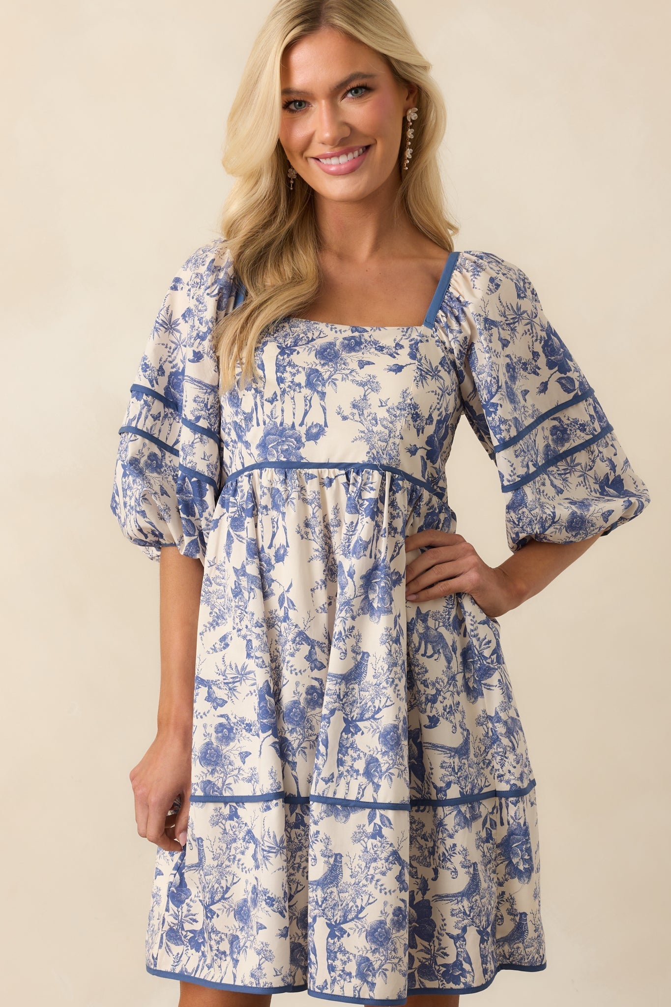 You Know The One Blue Floral Toile Cotton Half Sleeve Mini Dress