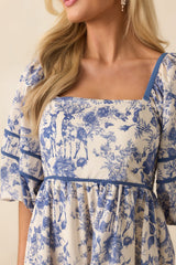 You Know The One Blue Floral Toile Cotton Half Sleeve Mini Dress