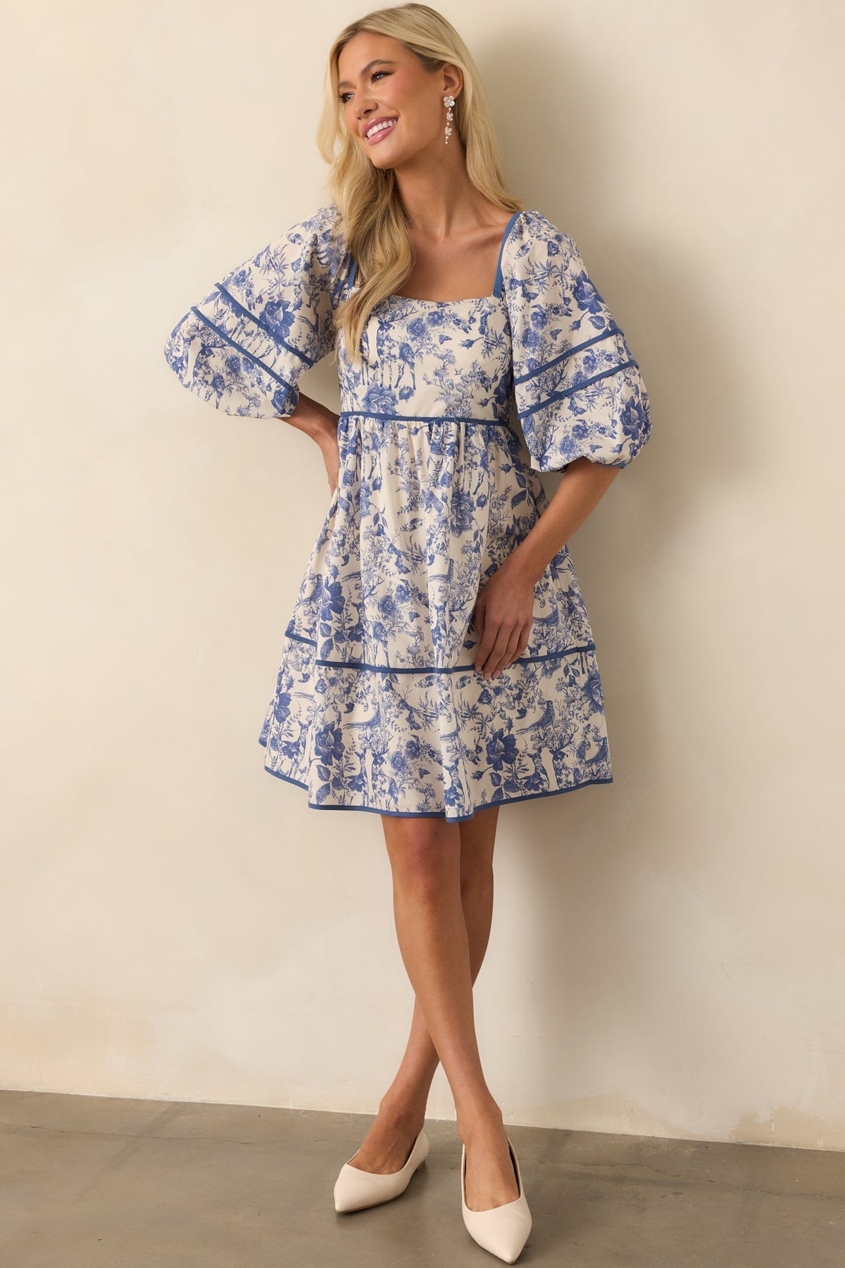 You Know The One Blue Floral Toile Cotton Half Sleeve Mini Dress