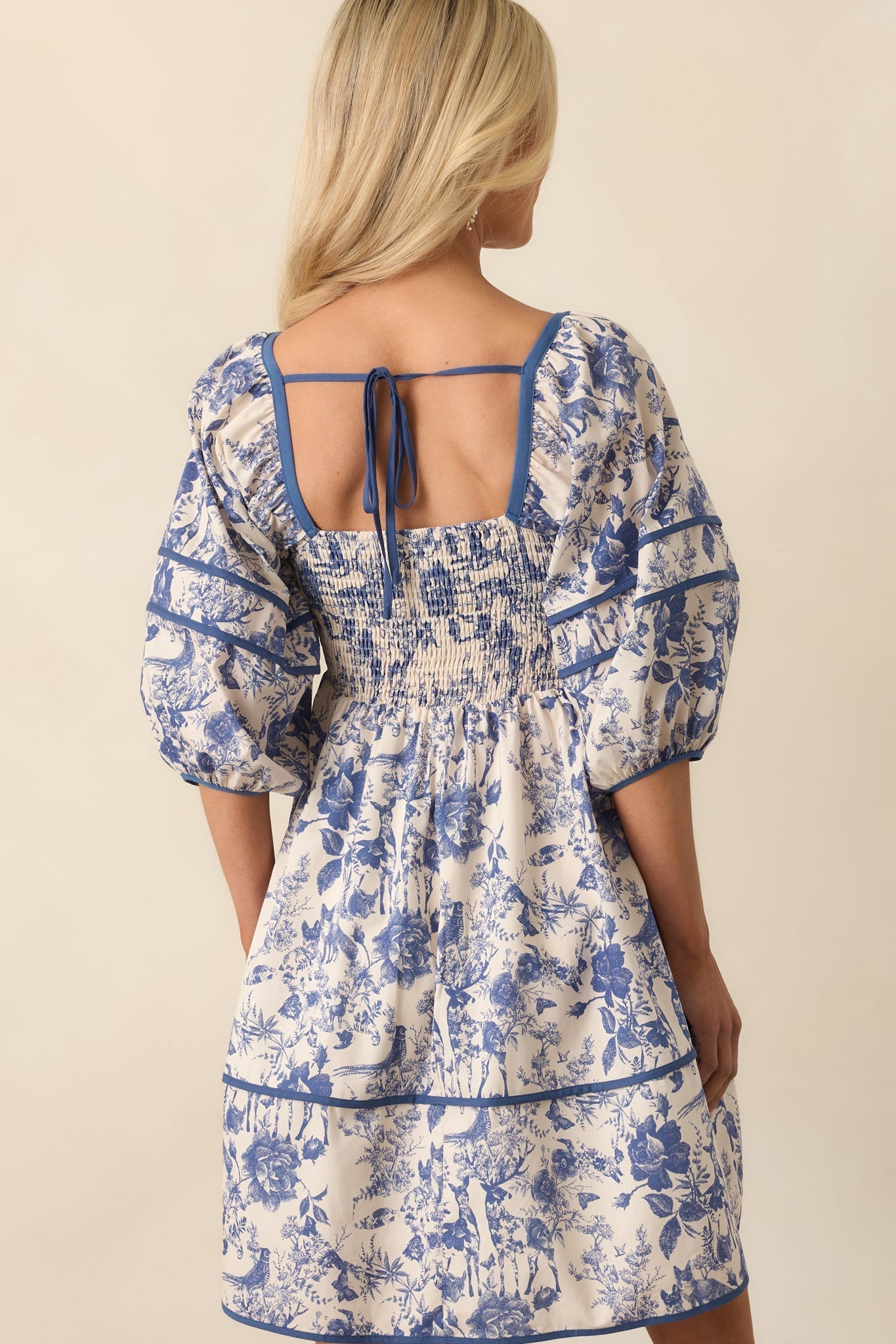 You Know The One Blue Floral Toile Cotton Half Sleeve Mini Dress