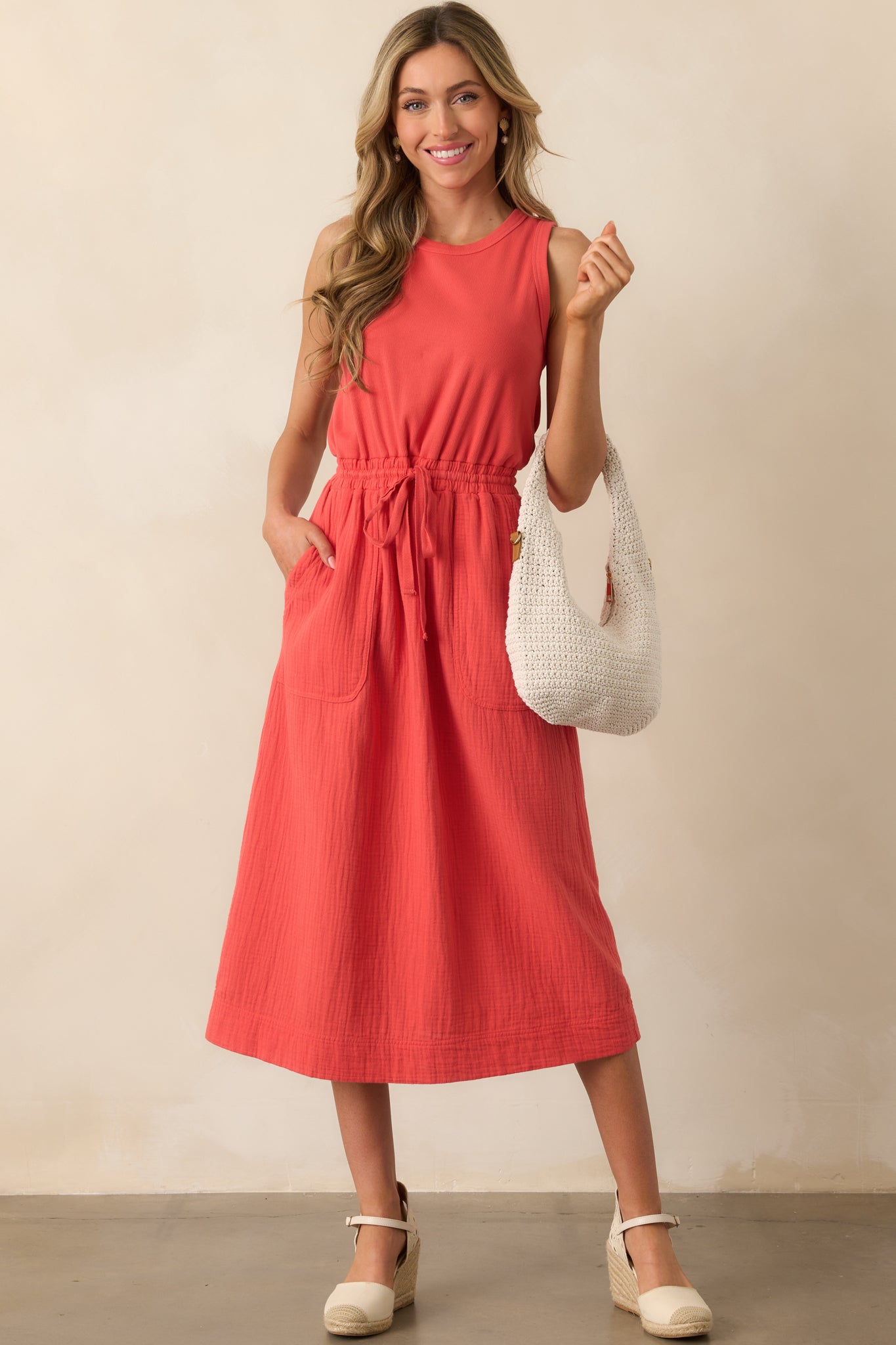 Moving Slowly Tomato Red Cotton Gauze Sleeveless Midi Dress