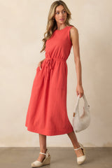Moving Slowly Tomato Red Cotton Gauze Sleeveless Midi Dress