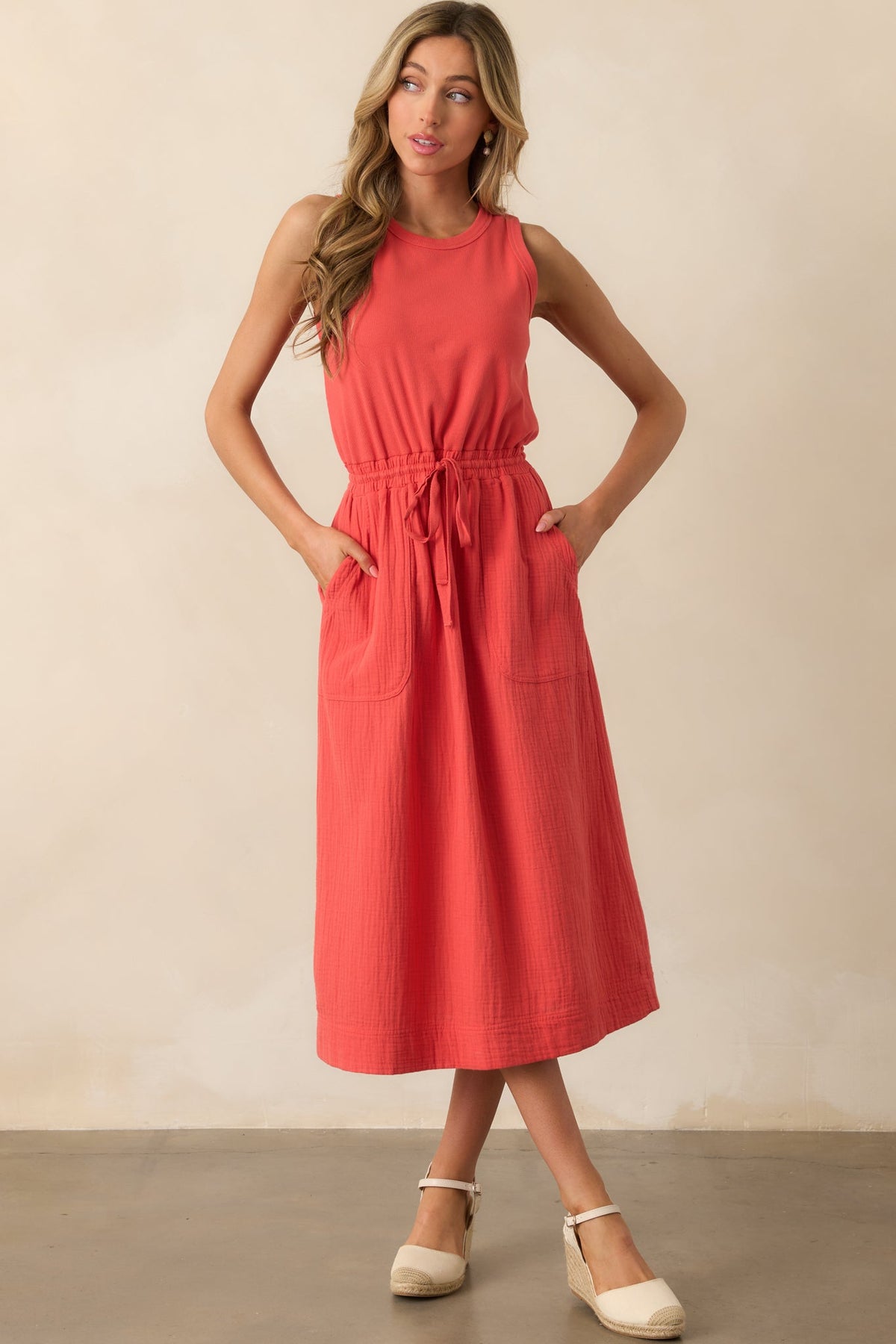 Moving Slowly Tomato Red Cotton Gauze Sleeveless Midi Dress