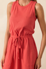 Moving Slowly Tomato Red Cotton Gauze Sleeveless Midi Dress