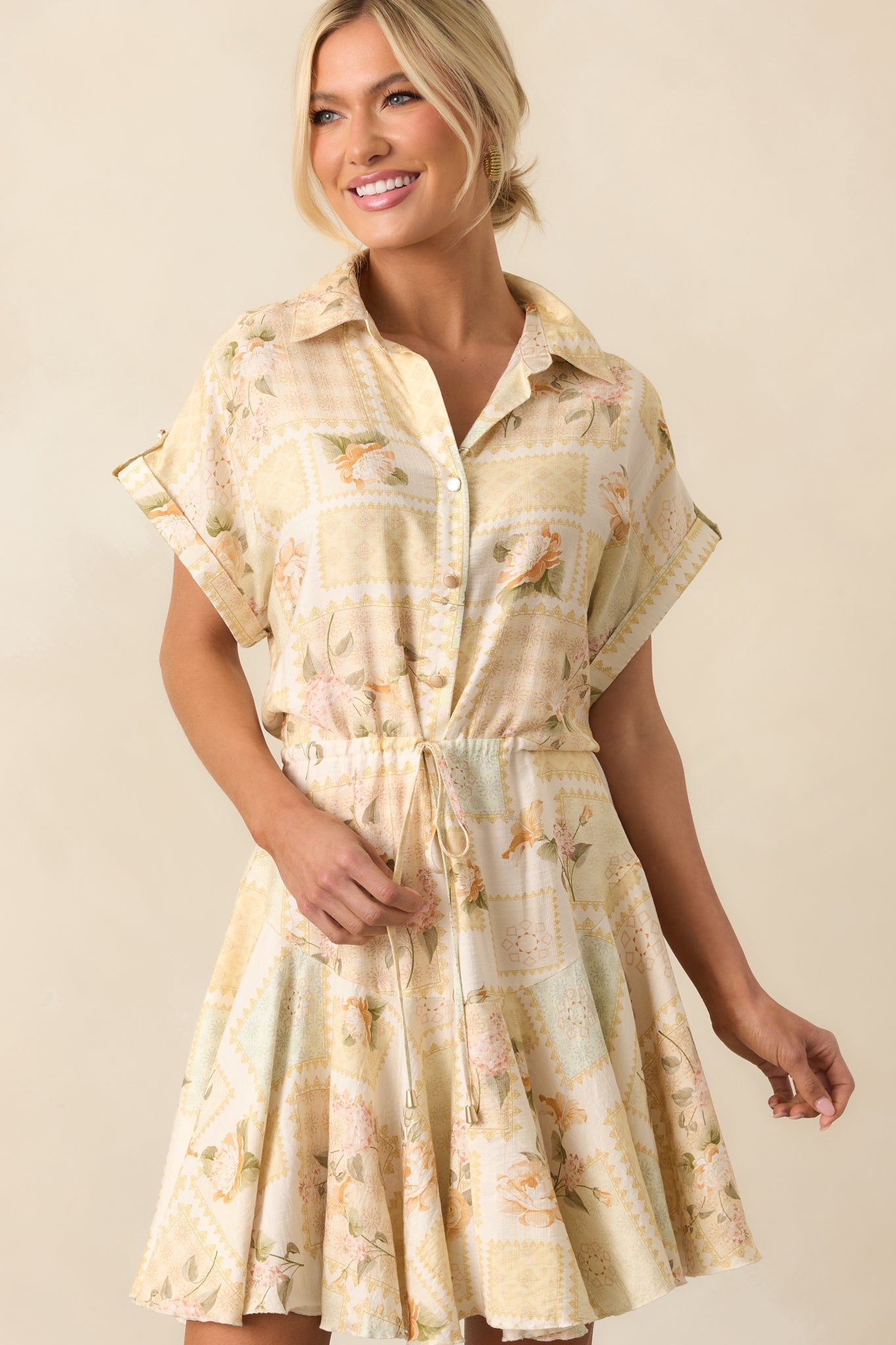 Made Me Smile Yellow Floral Patchwork Mini Dress