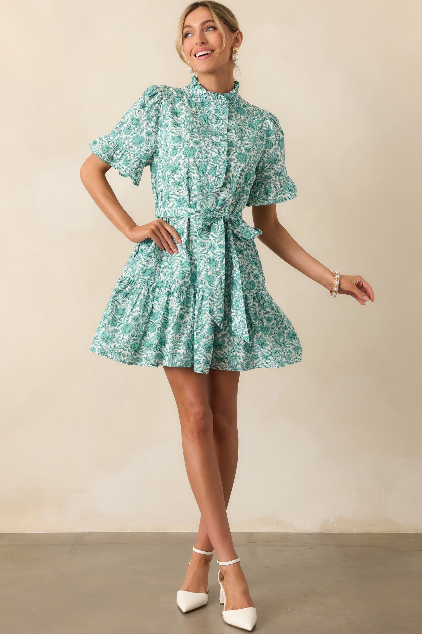 The Right Timing Teal Green Floral Cotton Mini Shirt Dress