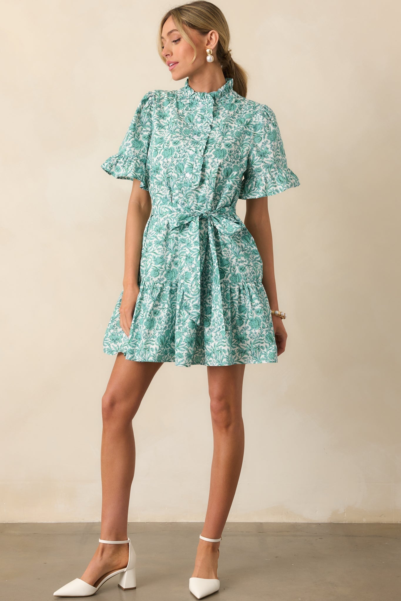 The Right Timing Teal Green Floral Cotton Mini Shirt Dress