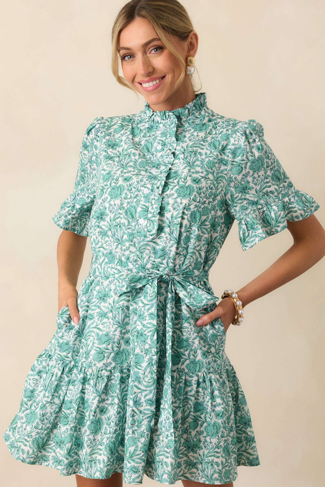 The Right Timing Teal Green Floral Cotton Mini Shirt Dress