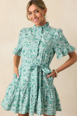 The Right Timing Teal Green Floral Cotton Mini Shirt Dress
